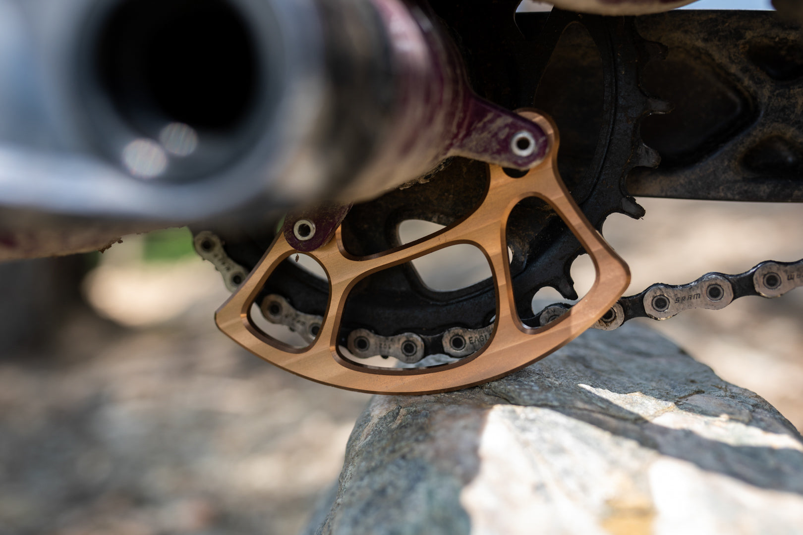 Close-up of a bronze EAGL chain guide and metal sprocket on a mountain bike drivetrain with worn chain.