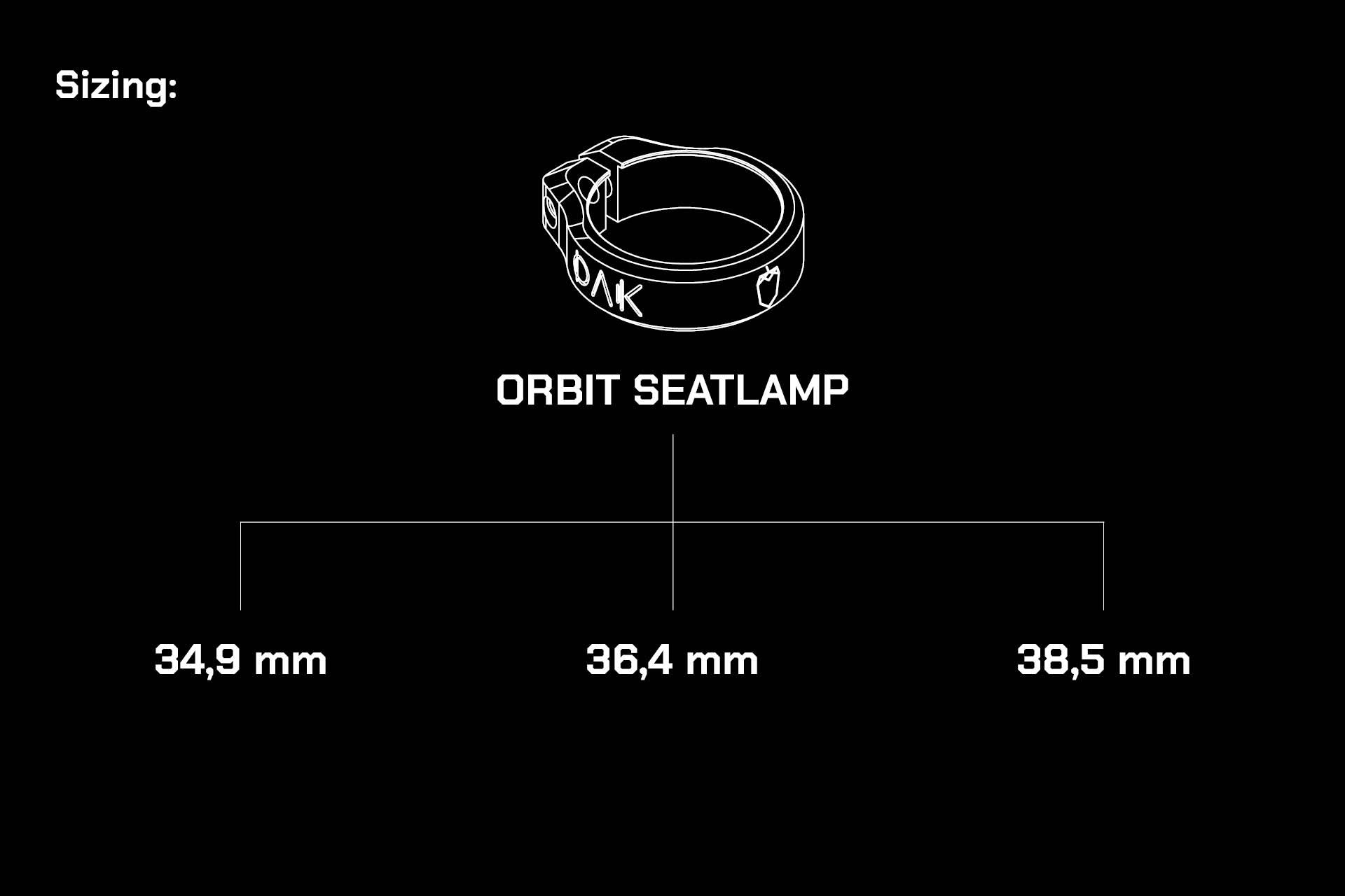 Technical drawing of ORBIT SEATLAMP seat clamp with sizes 34.9 mm, 36.4 mm, and 38.5 mm on black background