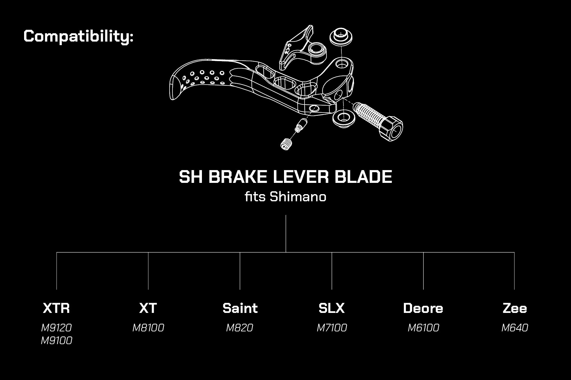 Exploded technical drawing of a Shimano-compatible SH brake lever blade with model numbers on black background.
