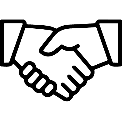 Black handshake icon symbolizing partnership and agreement on a white background
