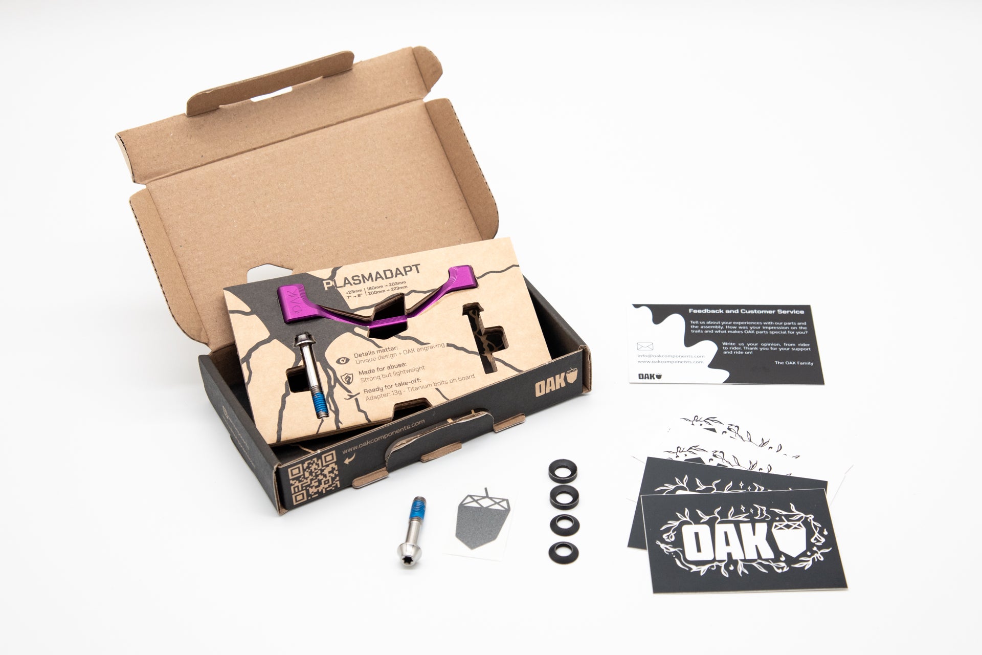 Purple PLASMADAPT mountain bike adapter with titanium bolt and washers, OAK feedback and brand cards
