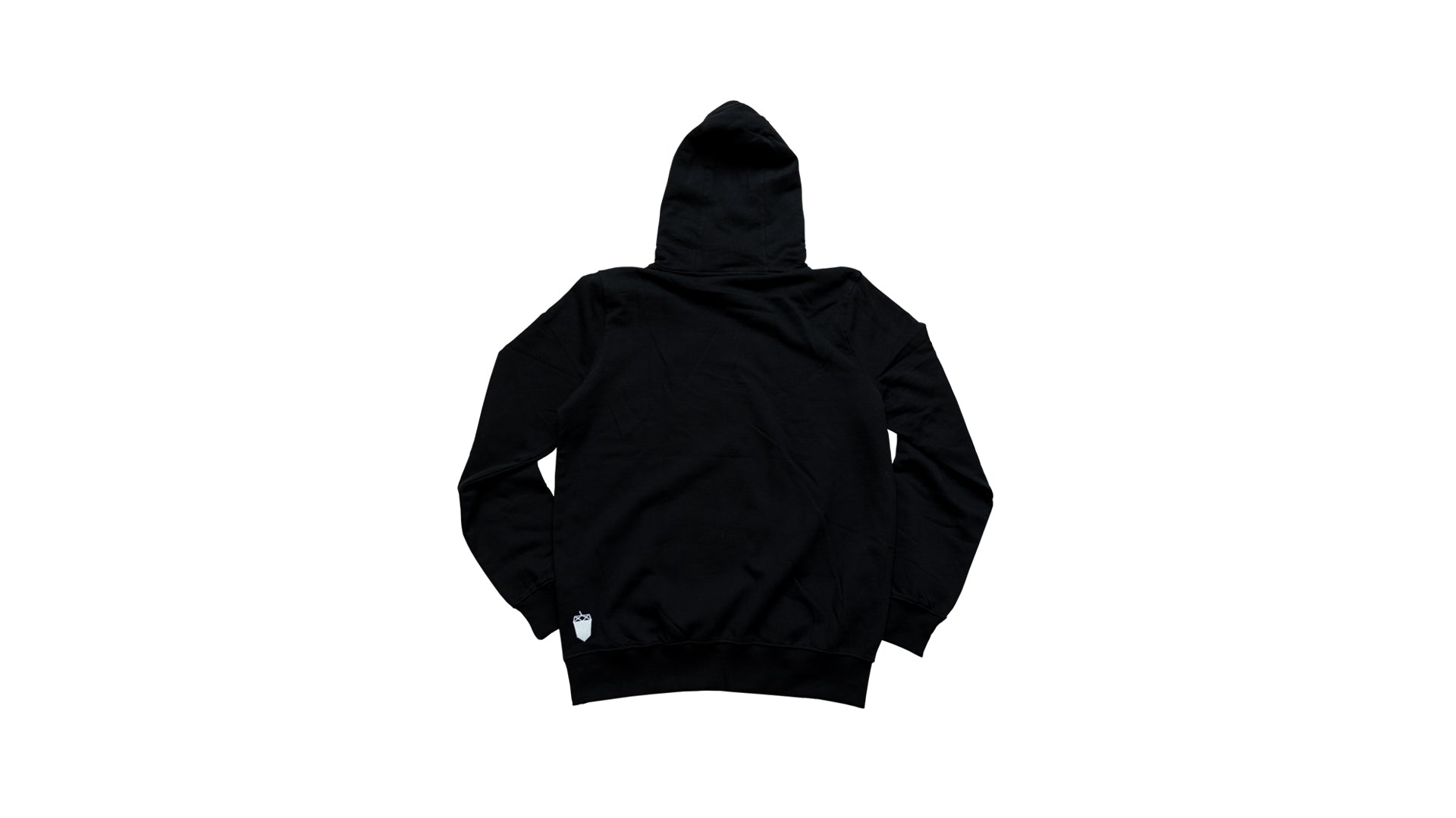 Black hooded sweatshirt with white shield emblem near bottom right hem, laid flat with back up