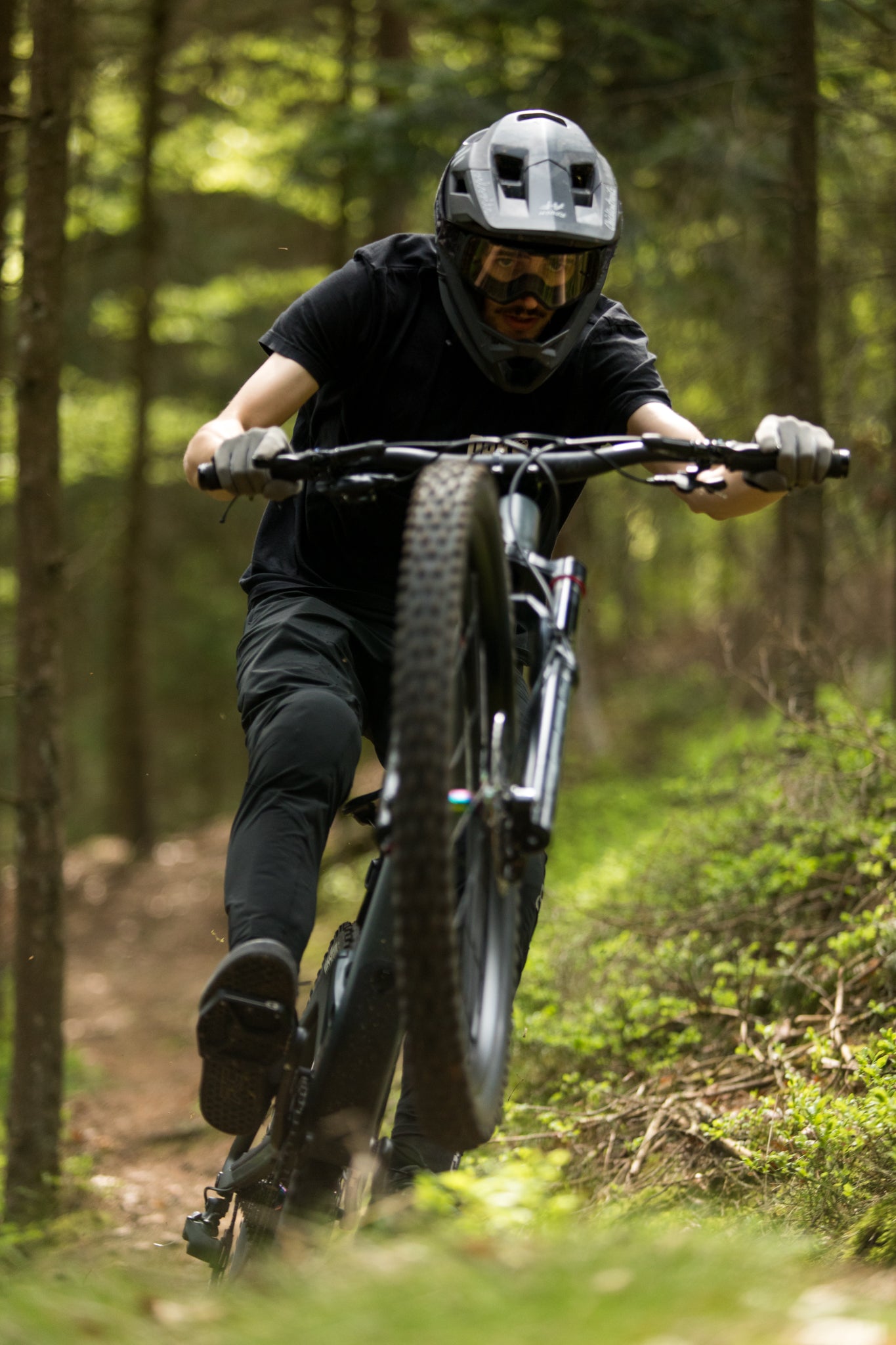 Mountain biker doing a wheelie on a forest trail, wearing a black full-face helmet and riding a knobby-tire bike