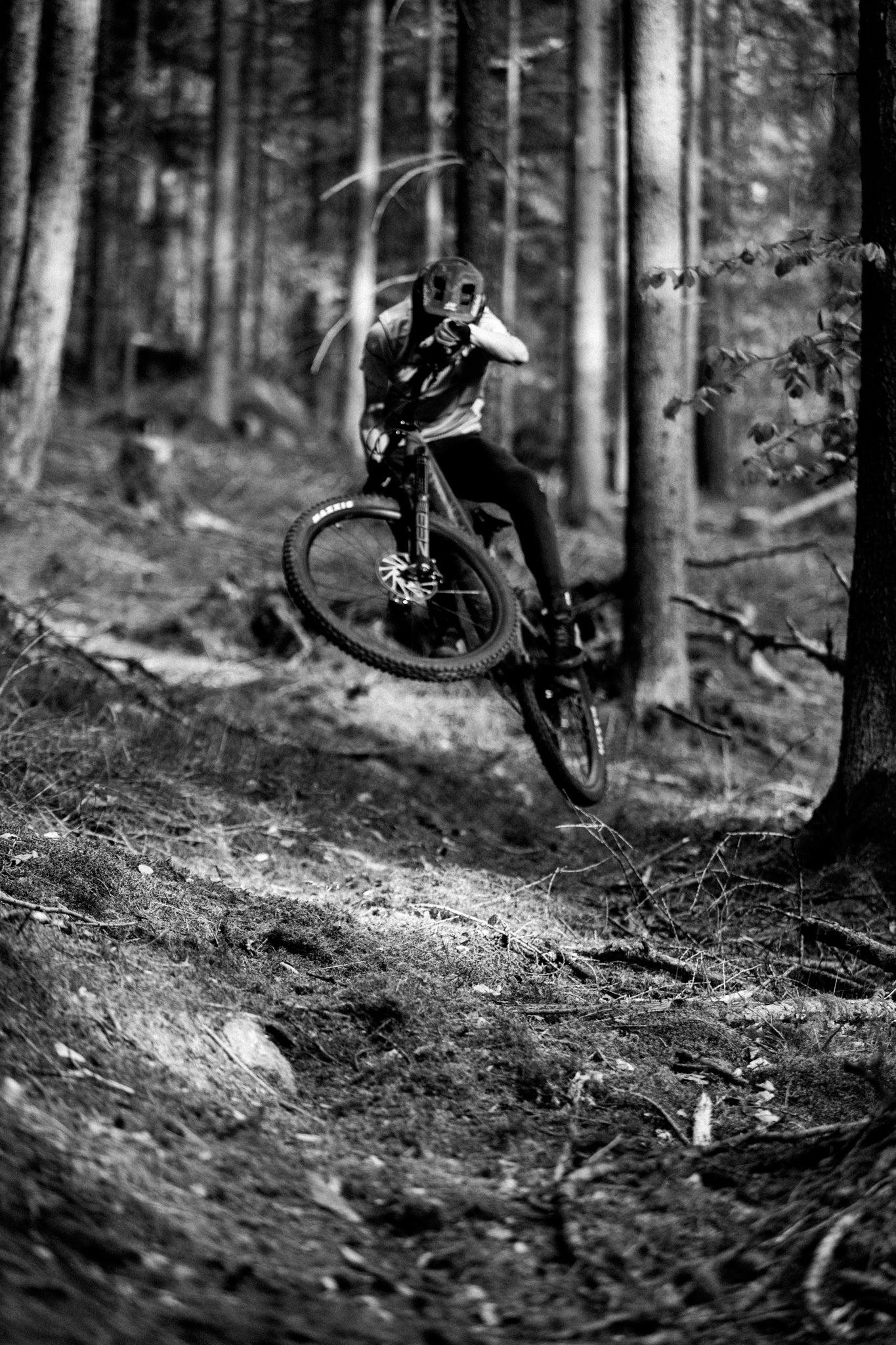 Mountain biker in a helmet jumping on a rugged forest trail with dirt, rocks, and tall trees.