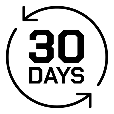 Black circular icon with two arrows and bold text '30 DAYS,' indicating a 30-day guarantee.