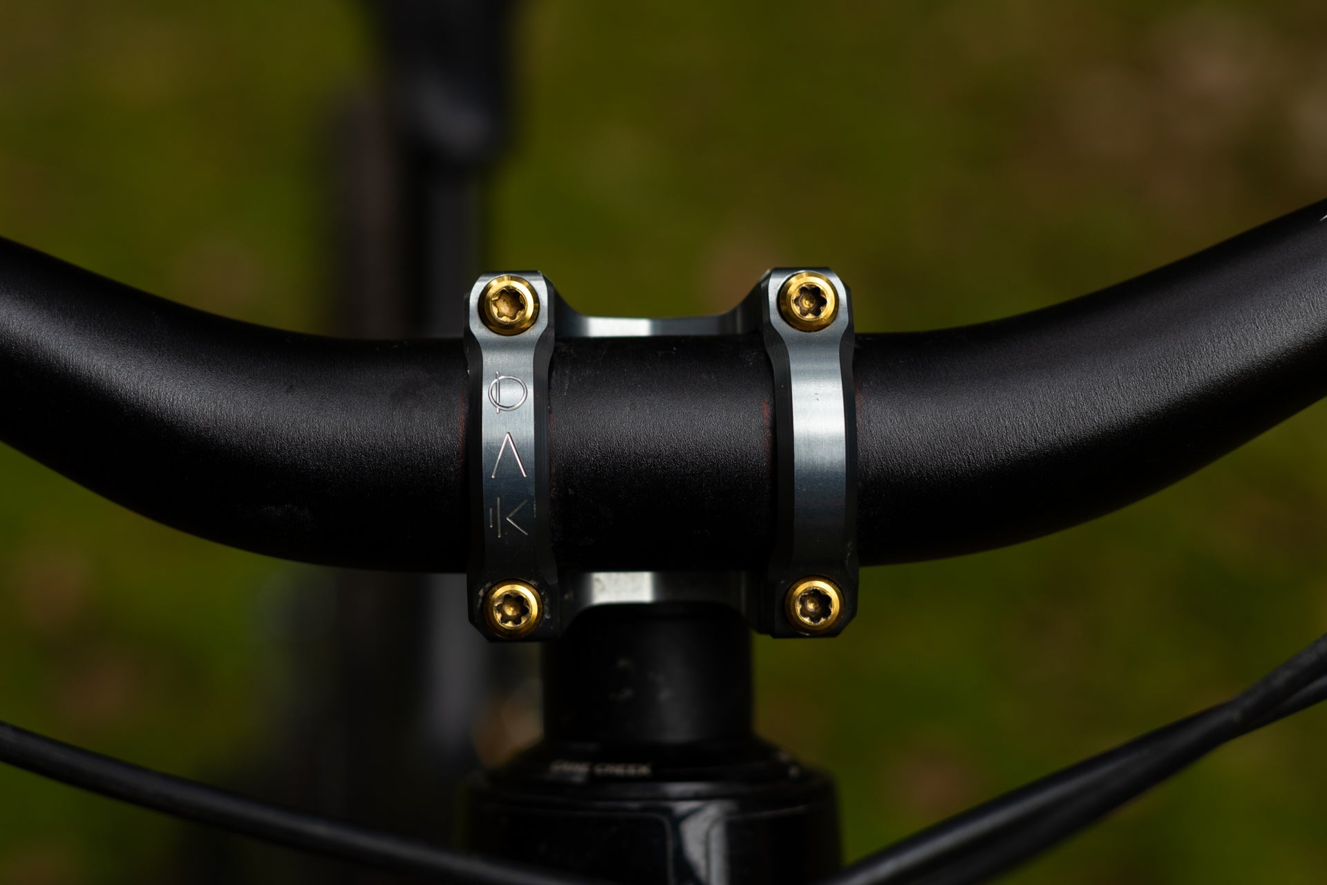 Black mountain bike handlebar with metallic clamp and gold bolts engraved with symbols against a green background