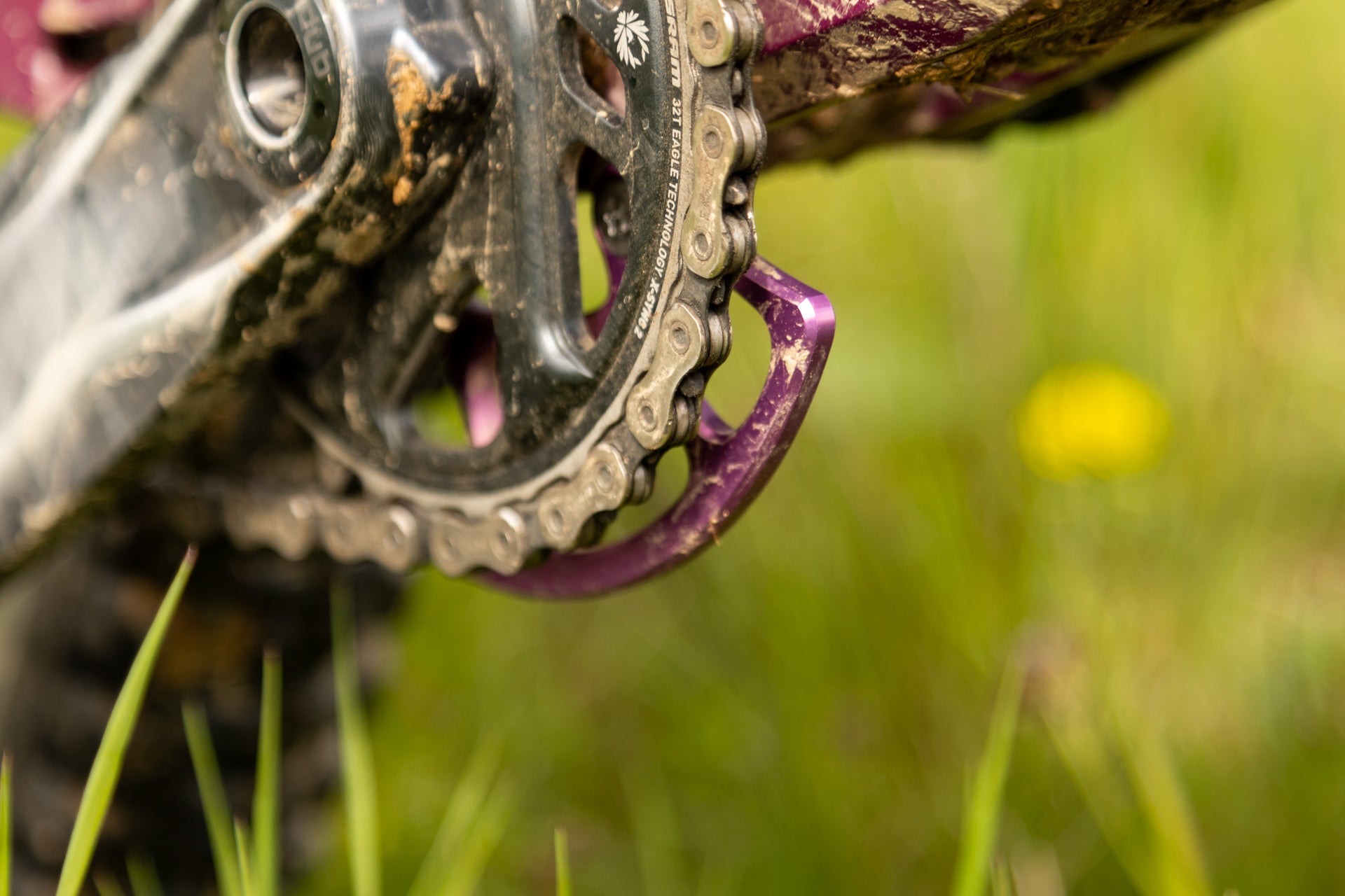 Close-up of SRAM 32T Eagle Technology X-Sync 2 chainring with chain and purple dub pedal, outdoors with grass.