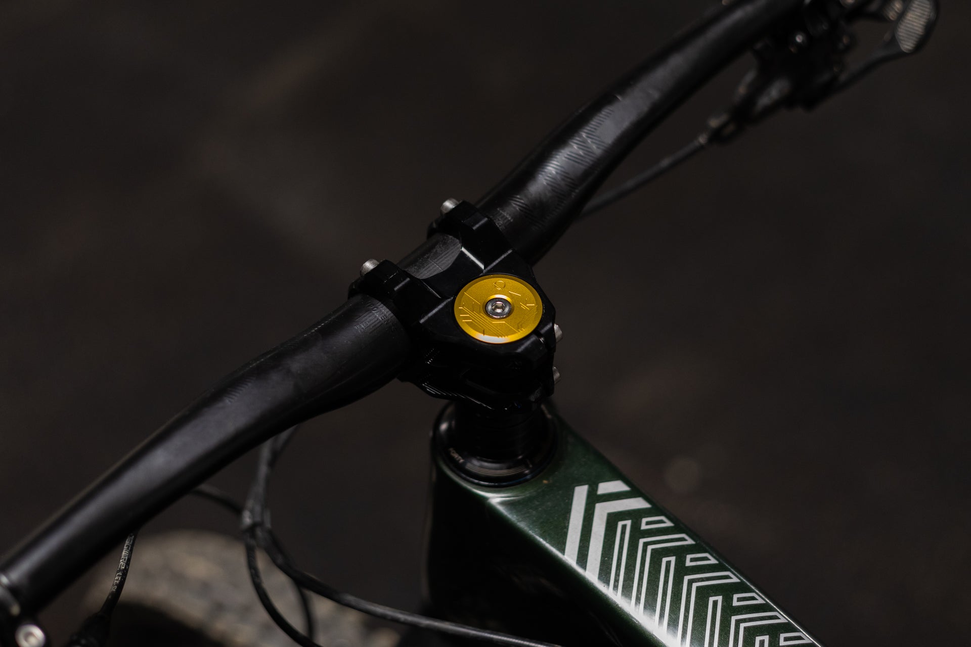 Close-up of a mountain bike handlebar and stem with a golden FORTY top cap and green frame with white decals.