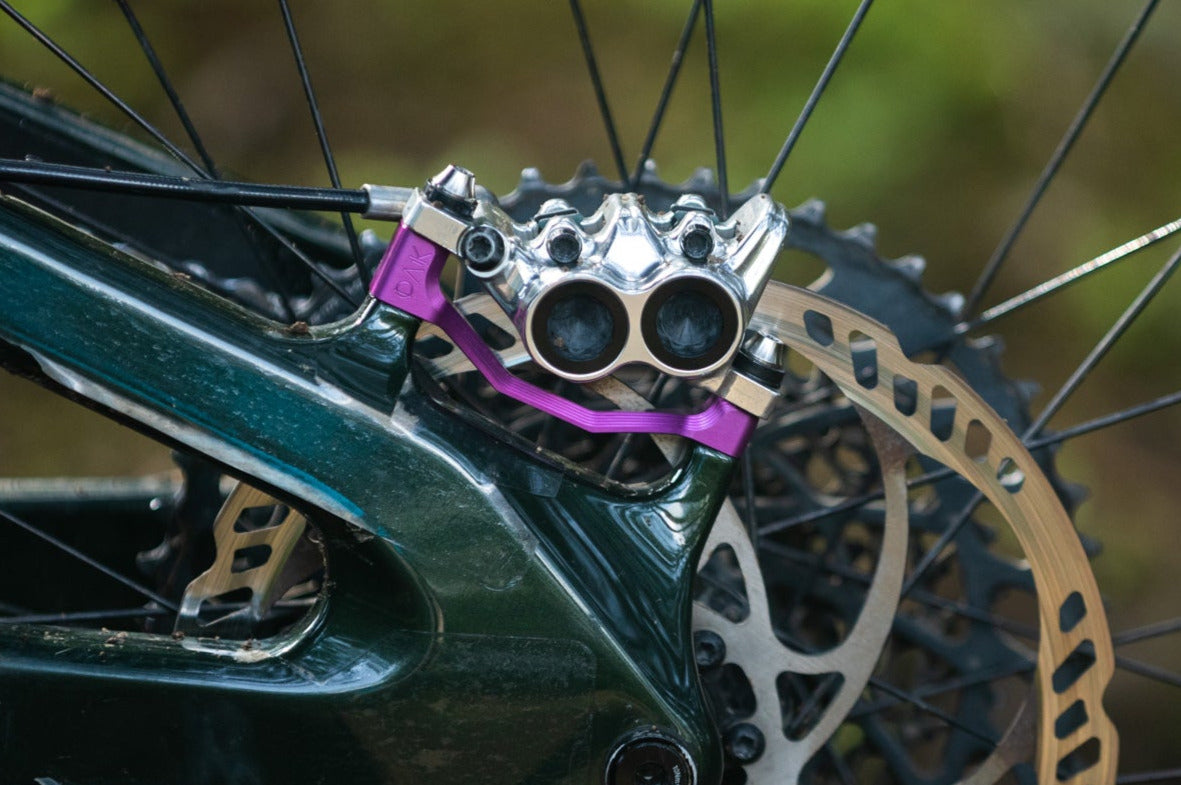 Close-up of mountain bike disc brake with purple caliper and silver rotor on dark green frame