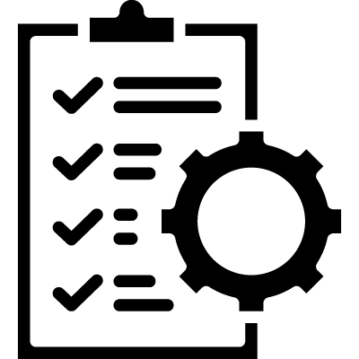 Black clipboard with four checked items and a gear icon, symbolizing organized tasks and settings.