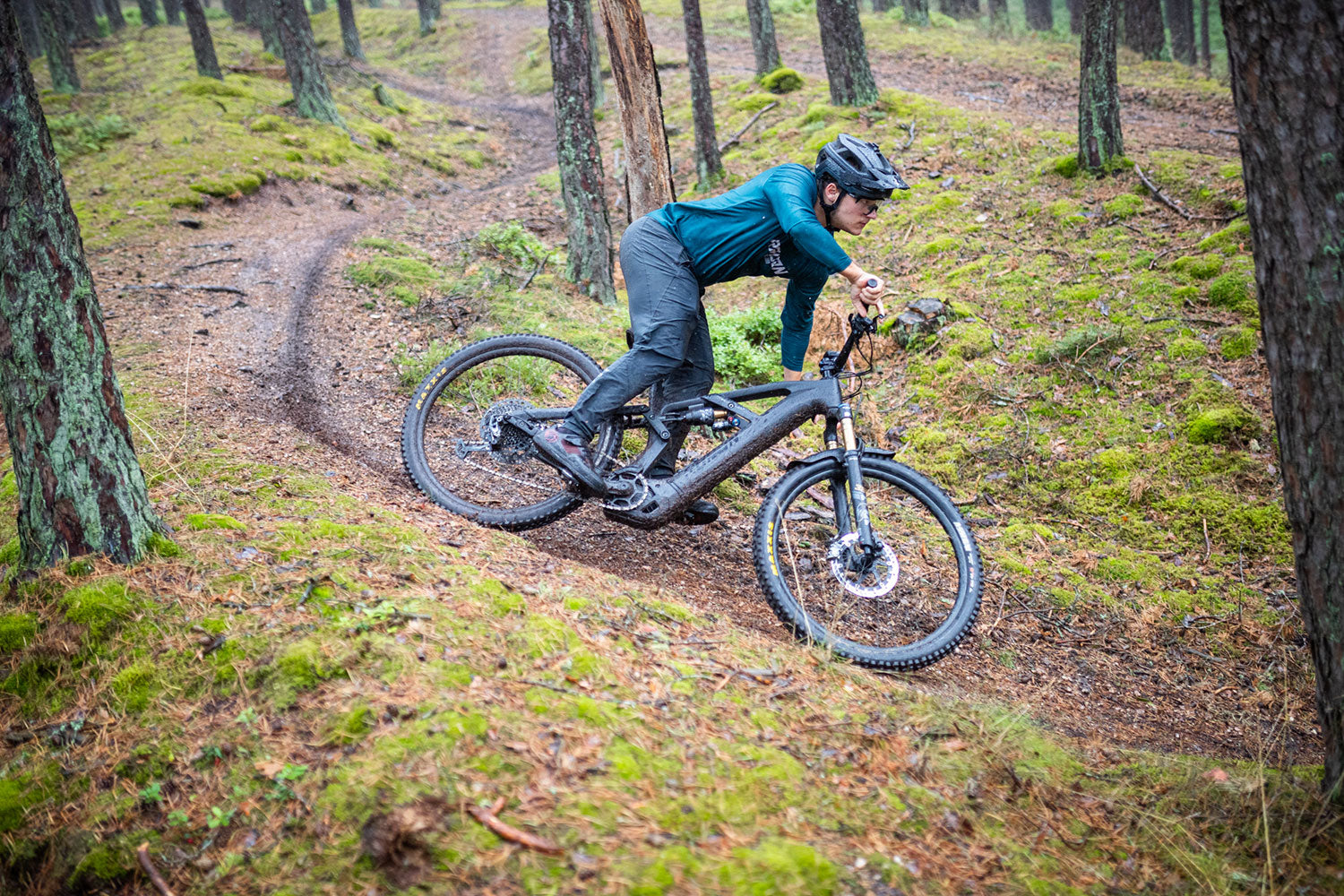 Cyclist in blue attire riding a black mountain bike with yellow Maxxis tires on a narrow forest trail