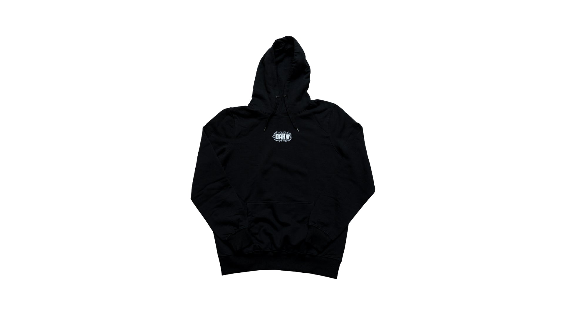 Black hooded sweatshirt with front pouch pocket and white OAK logo flat laid