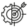 Black outline icon of a gear and target with an arrow hitting the center, symbolizing precision engineering