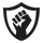 Black shield emblem with thick border and a raised clenched fist symbolizing strength and power.